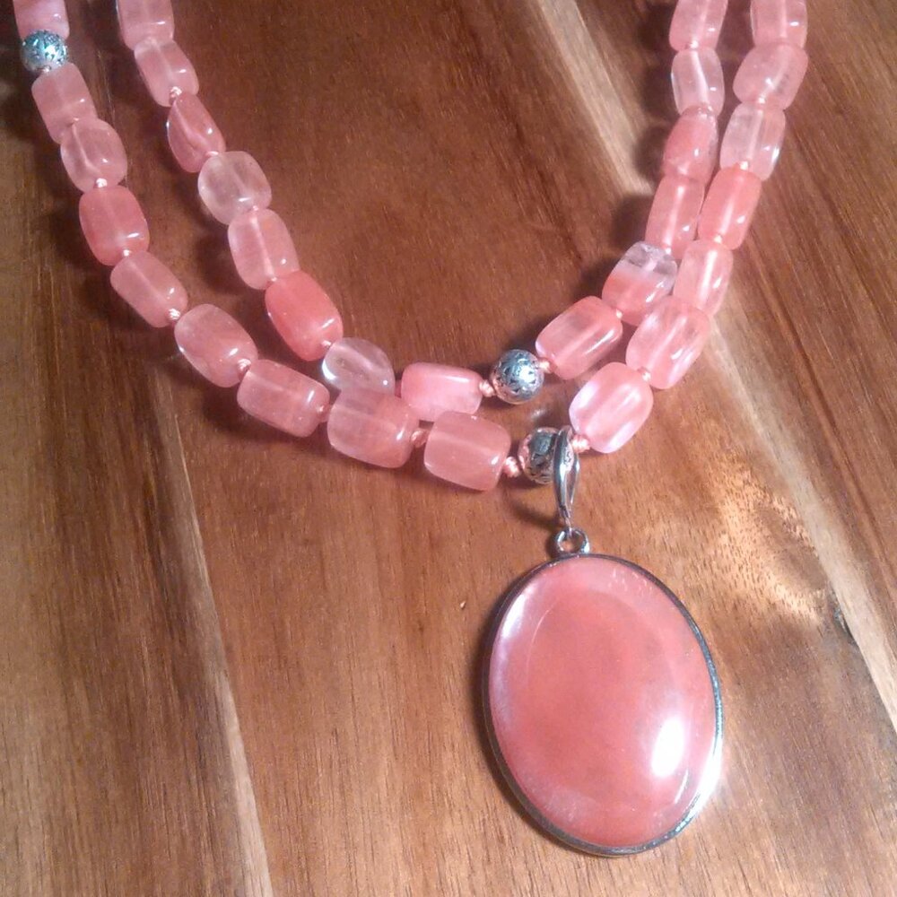 Cherry Quartz Two Row Beaded Silvertone Pendant Necklace